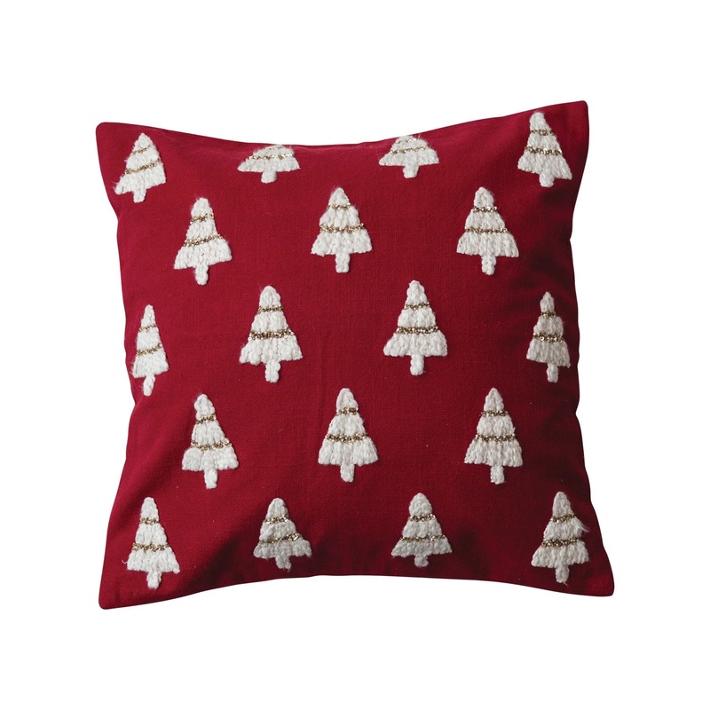 Embroidered Cotton Red & White Christmas Tree 20″ Square Pillow