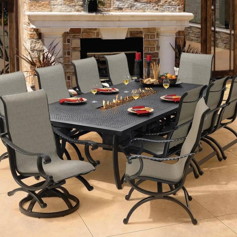 Castelle Classical 64″ x 96″ Rectangular Fire Pit Dining Table with Forged Top and Antique Dark Rum Finish