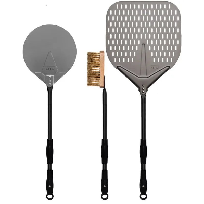 Alfa 3-Piece Pizza Peel Set with 36 in. Extendable Black Handles
