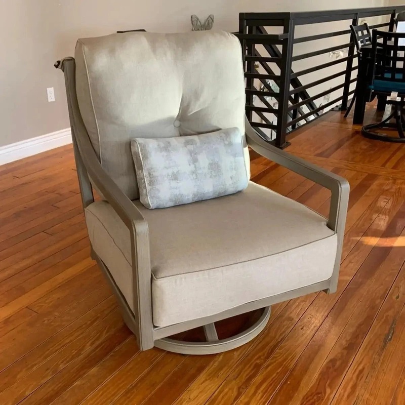 Castelle Legend High Back Lounge Swivel Rocking Chairs with Idol Ash Cushions in Weathered Wood Finish