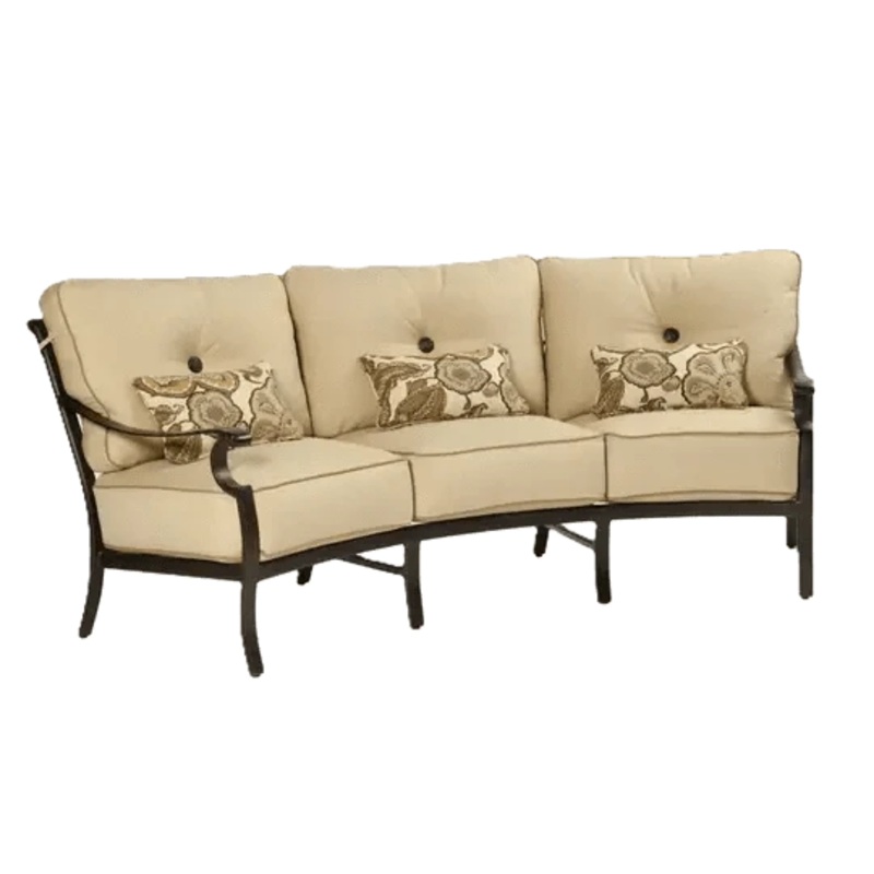 Castelle Monterey Cushioned Crescent Sofa in Antique Dark Rum Finish with Chartres Malt Cushions and Esti Birch Pillows