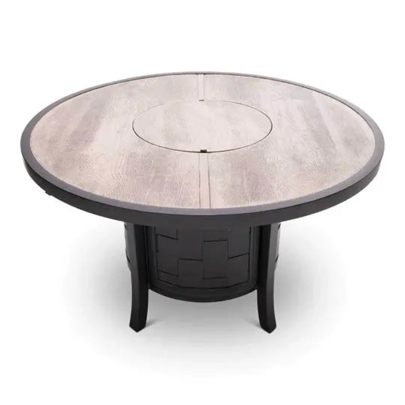 Castelle Classical 49″ Round Fire Pit Dining Table with Woodgrain Weathered Wood Top and Antique Walnut Base