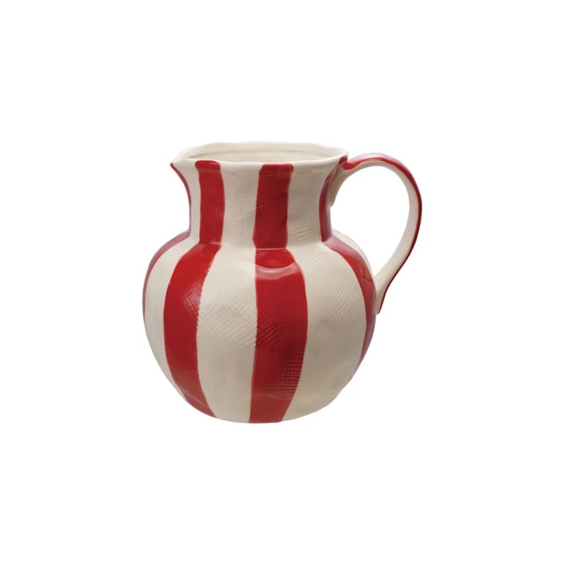 Quart Hand-Painted Stoneware Striped Pitcher with Linen Texture