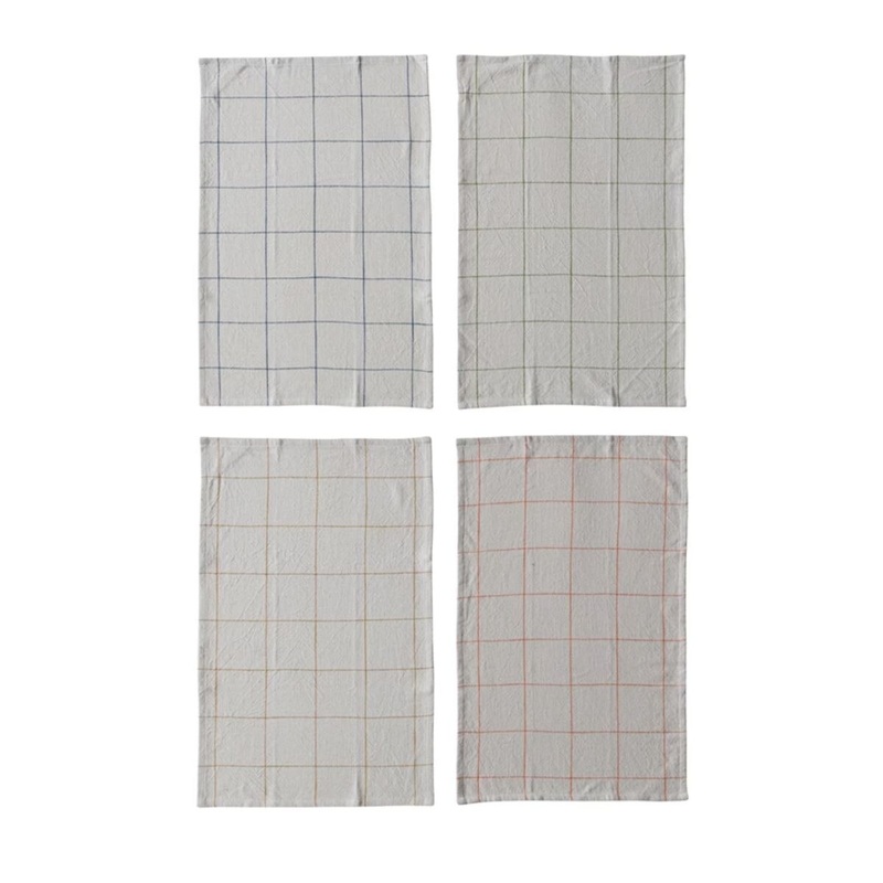 Woven Cotton Printed Tea Towel with Grid Pattern