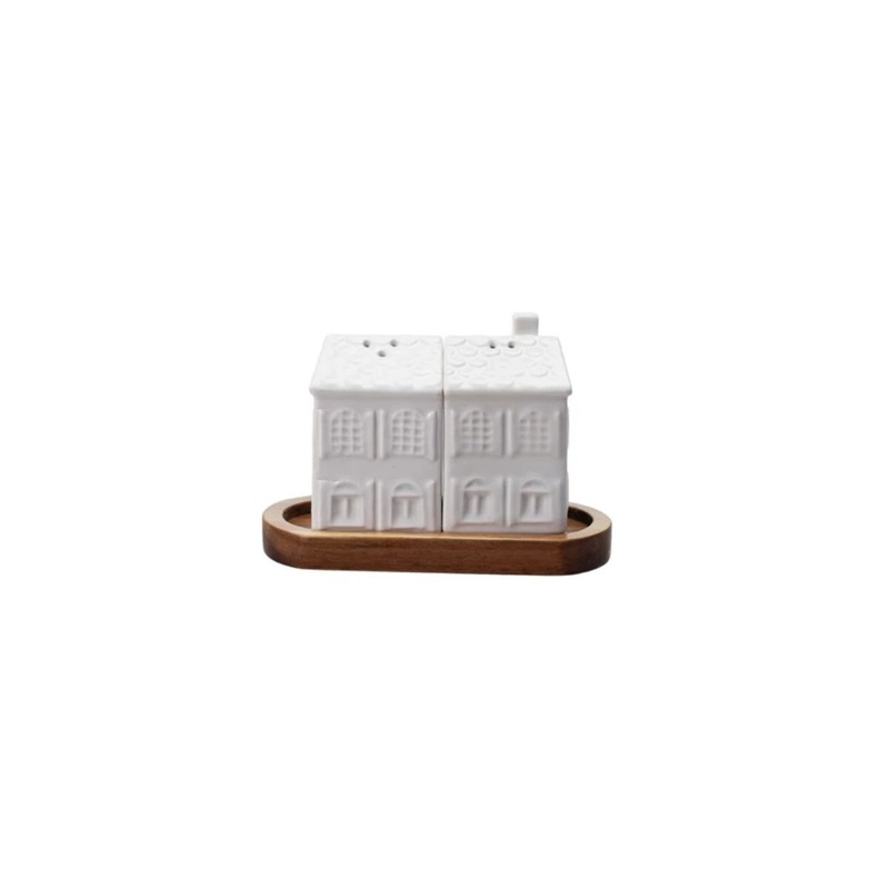Stoneware House Shaped Salt & Pepper Shakers with Wood Tray (set of 3)