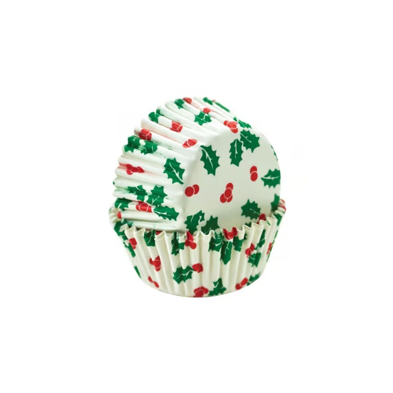 Baking Cup Mini Holly 75pk