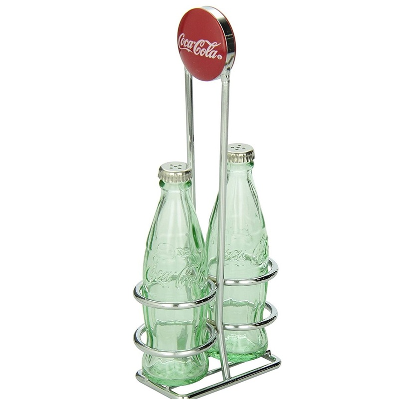 Coca Cola Salt and Pepper Shaker Set with Chrome Plated Metal Rack