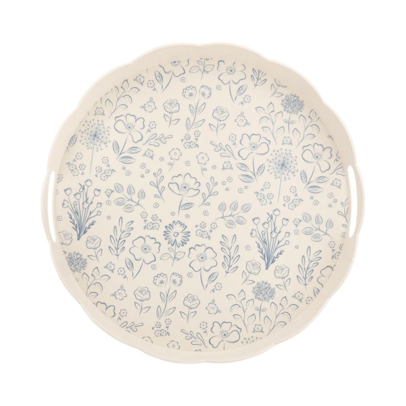 Round Scalloped Floral Bamboo Tray