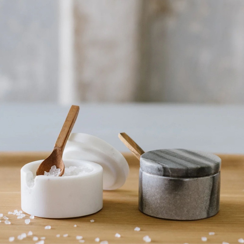 White Marble Lidded Cellar w/Wood Spoon