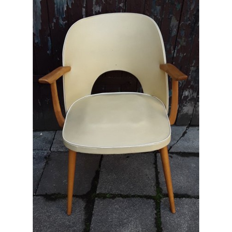 Berger-Shaped Armchair with Rounded Backrest in Light Beech with Yellow Vinyl & White Piping, 1960s for sale at Pamono
