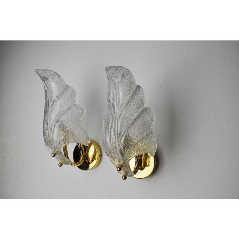Frosted Murano Glass Leaf Sconces, Italy, 1970, Set of 2 for sale at Pamono