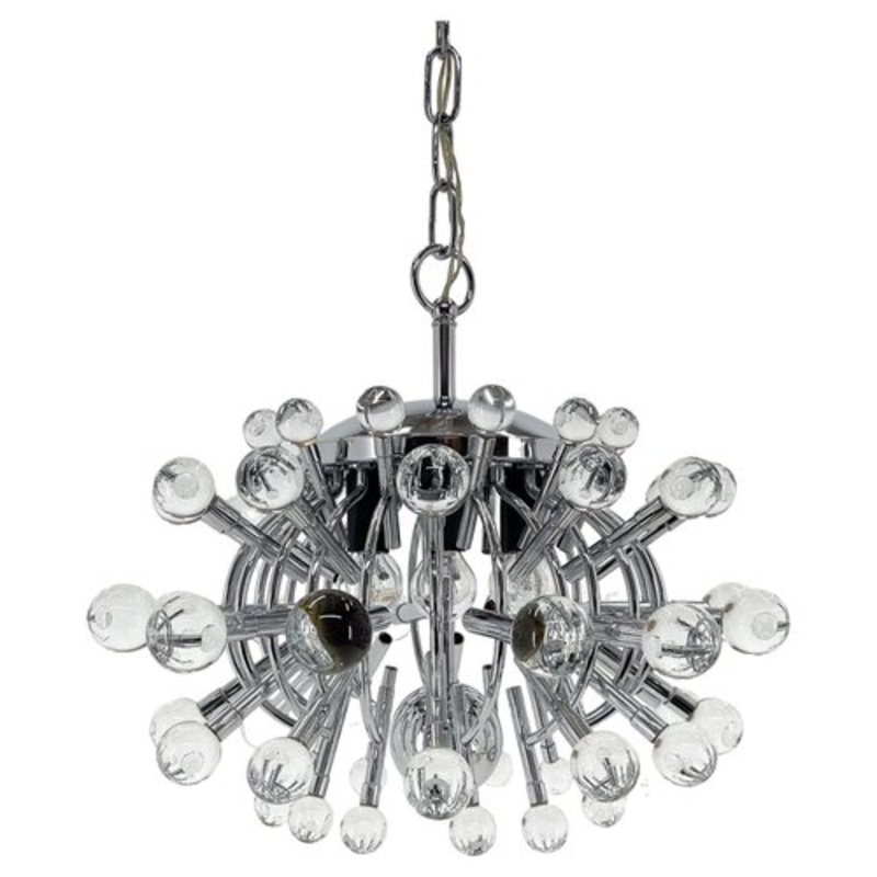 Italian Space Age Chrome and Crystal Glass Chandelier, 1970s for sale at Pamono