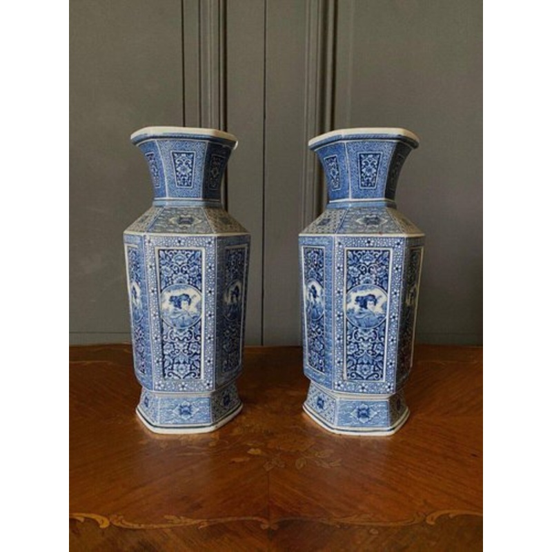 Japanese Hexagonal Blue Background Vases with Cut Sides, Set of 2 for sale at Pamono