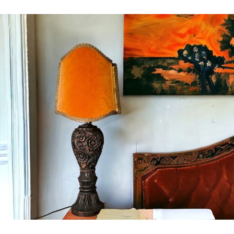 Large Portuguese Carved Wood and Half Shade Handmade Buffet Table Lamp, 1960s for sale at Pamono