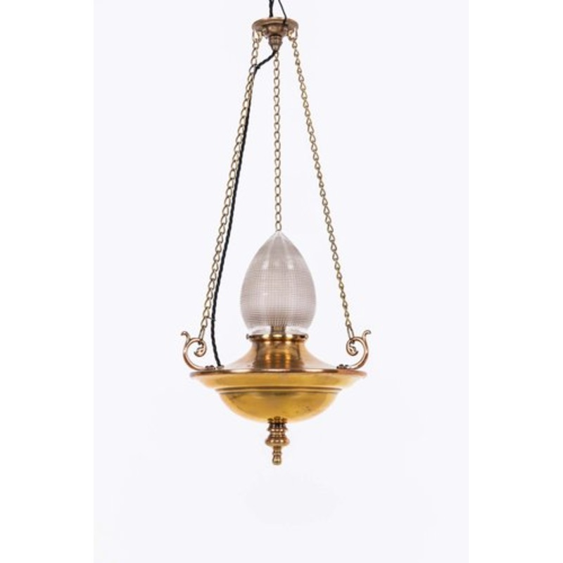 Vintage Arts & Crafts Sanctuary Pendant Light with Holophane Shade, 1920s for sale at Pamono