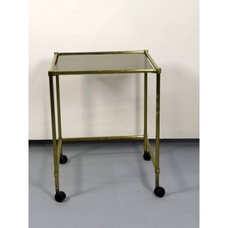 Vintage Brass Side Table On Wheels With Smoked Glass Top for sale at Pamono