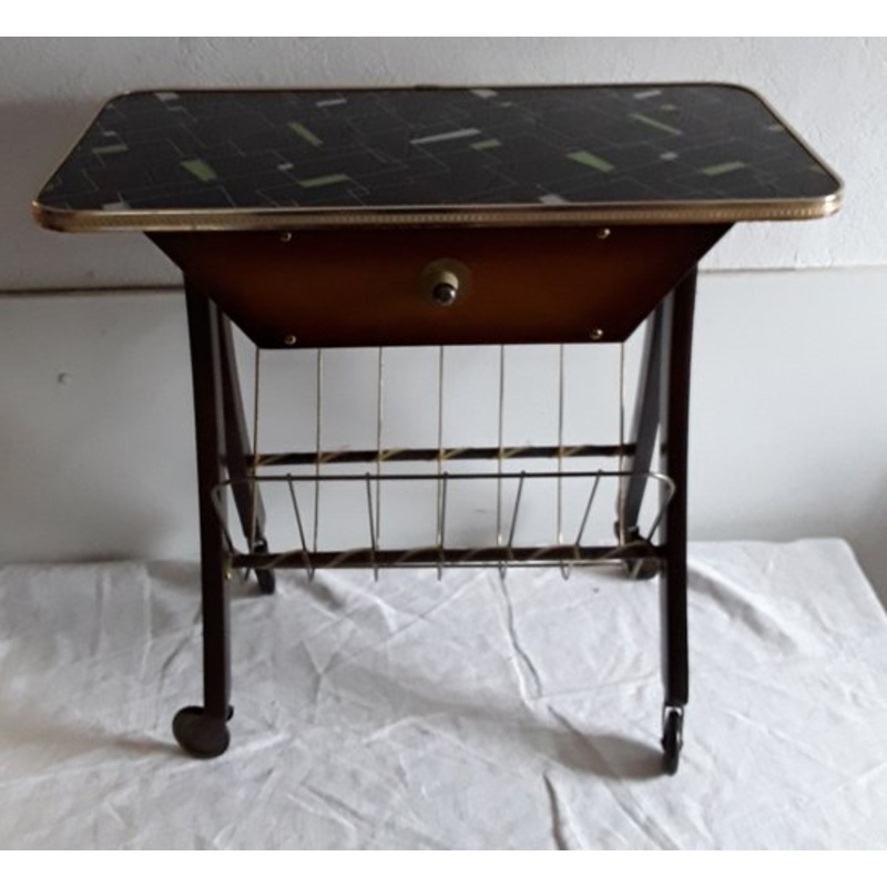Vintage Coffee Table on Wheels with Magazine Rack and Brown Beech Drawer with Brass Parts, 1960s for sale at Pamono