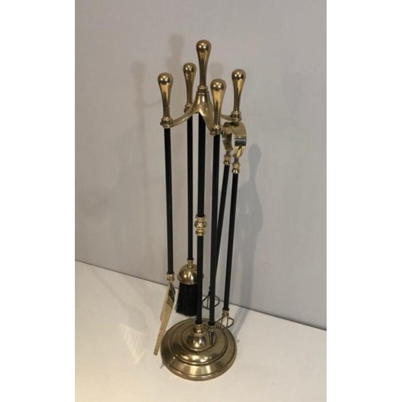 Brass and Black Lacquered Fireplace Tools on Stand, France, 1970s for sale at Pamono