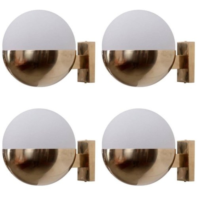 Brass and Satinized Glass Wall Lamps or Sconces in the Style of Stilnovo, 1970s for sale at Pamono