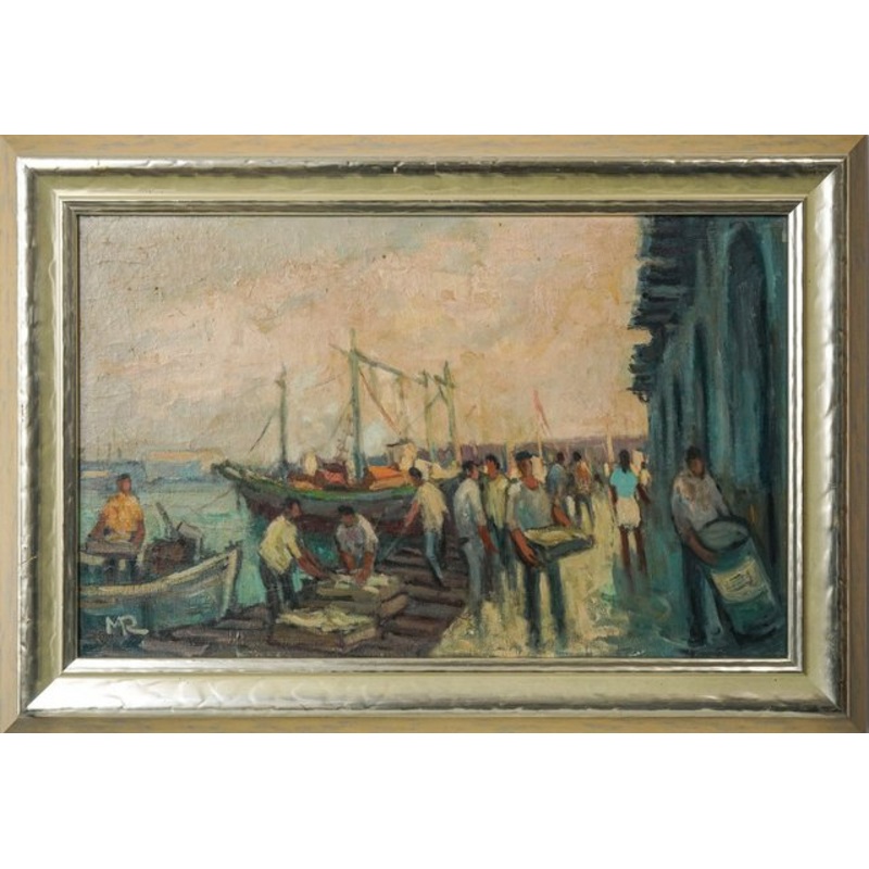 Josep Martinez Romero, Sailors at the Port of Arenys, Oil on Canvas, Framed for sale at Pamono