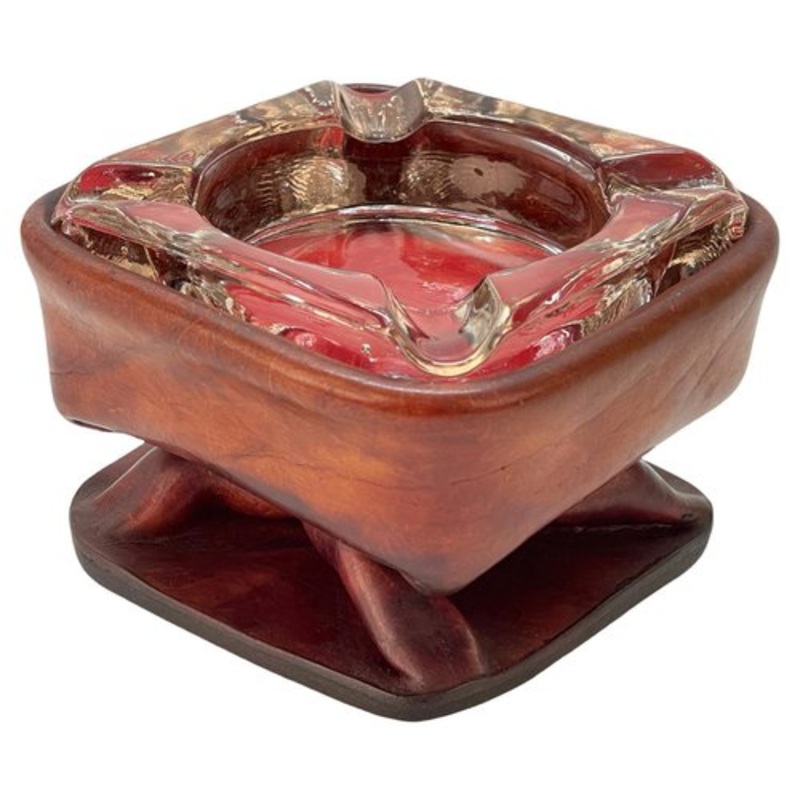 Mid-Century French Brown Leather and Glass Ashtray by Jacques Adnet, 1950s for sale at Pamono