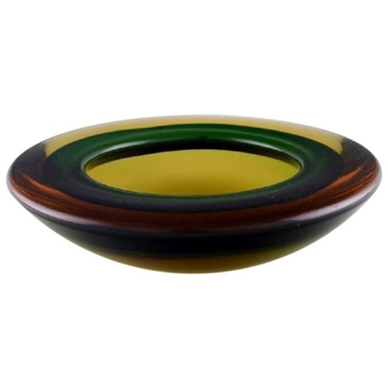 Murano Bowl in Mouth-Blown Amber and Green-Yellow Art Glass, 1960s for sale at Pamono