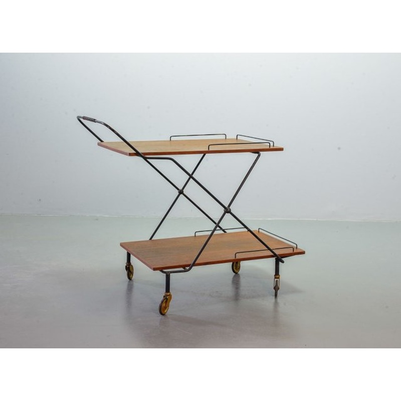 Scandinavian Minimalist Foldable and Mobile Teak Tea Trolley on Black Steel Frame, 1950s for sale at Pamono
