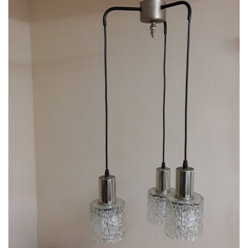 Three-Flame German Cascade Lamp with Black Metal Frame and Clear Relief Glass Umbrellas on Chrome-Plated Metall, 1960s for sale at Pamono