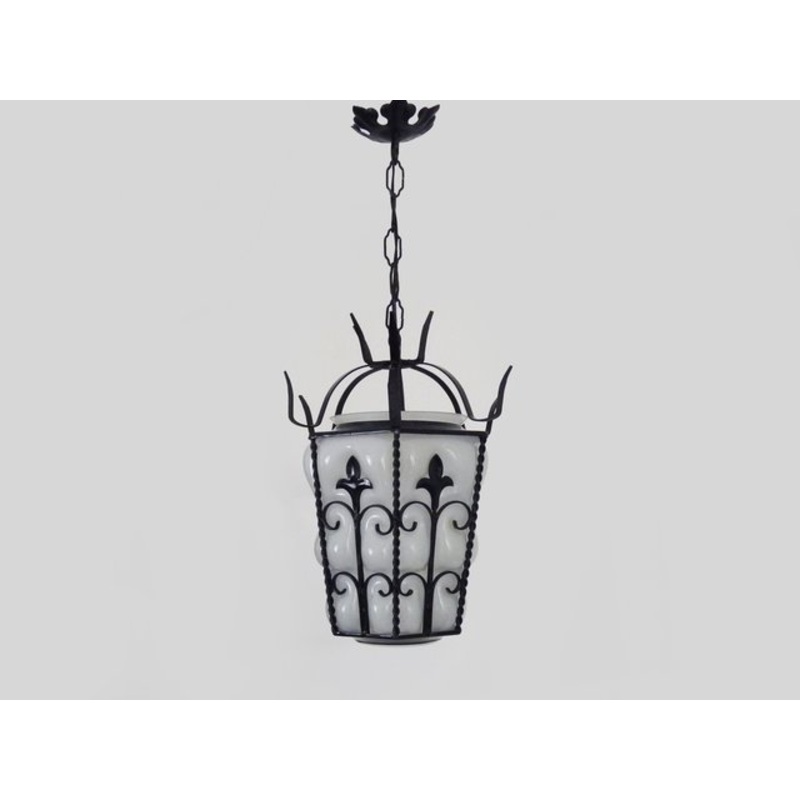 Cage Lantern Suspension in Molded White Glass and Wrought Iron, 1970s for sale at Pamono