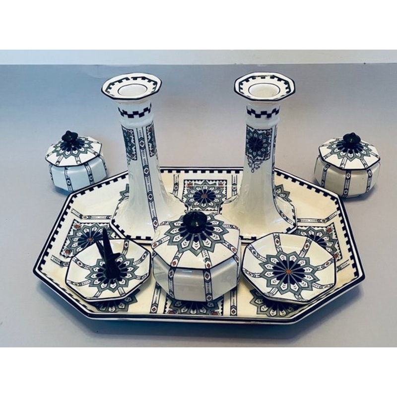 English Art Nouveau Porcelain Ensemble with Candlesticks, Lidded Bowls & Serving Plate from Royal Cauldon, Set of 8 for sale at Pamono