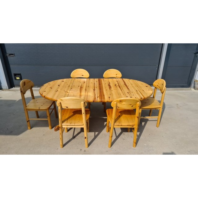 Extendable Pinewood Dining Set with 6 Chairs, Set of 7 for sale at Pamono
