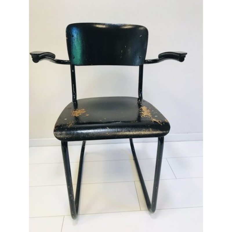 Mid-Century Dutch Black Painted Steel Tube & Bakelite Arms 352 / 214 Desk Chair by Willem Hendrik Gispen for Gispen, 1930s for sale at Pamono