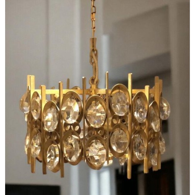 Mid-Century Gilt Brass Chandelier from Palwa, 1970s for sale at Pamono