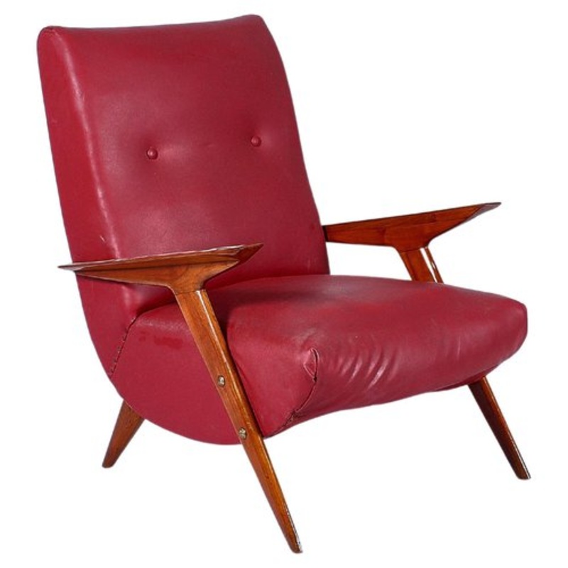 Mid-Century Shaped Wood and Red Leather Armchair by C. Graffi, 1950s for sale at Pamono