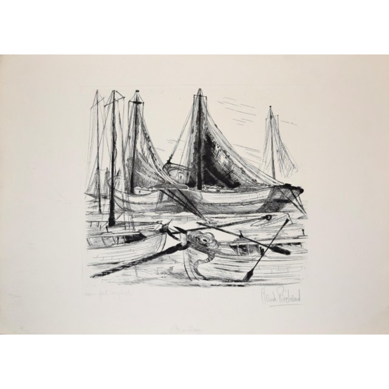 Port de Pche – Original Etching by Claude Piechaud – Second Half of 20th Century for sale at Pamono