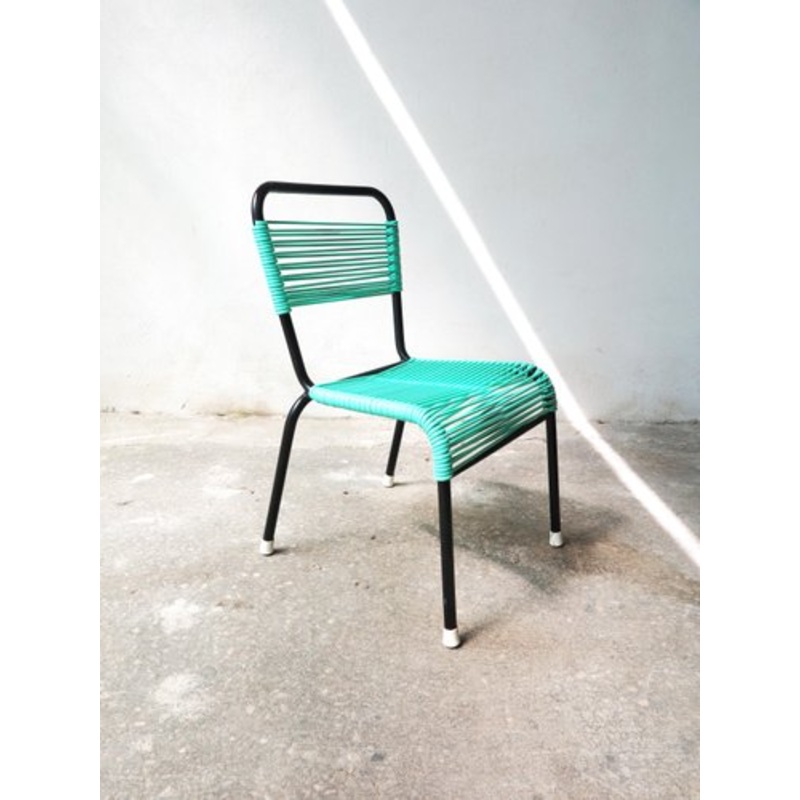 Vintage Aquamarine Green PVC Laces and Black Tubular Metal Childrens Chair, 1970s for sale at Pamono