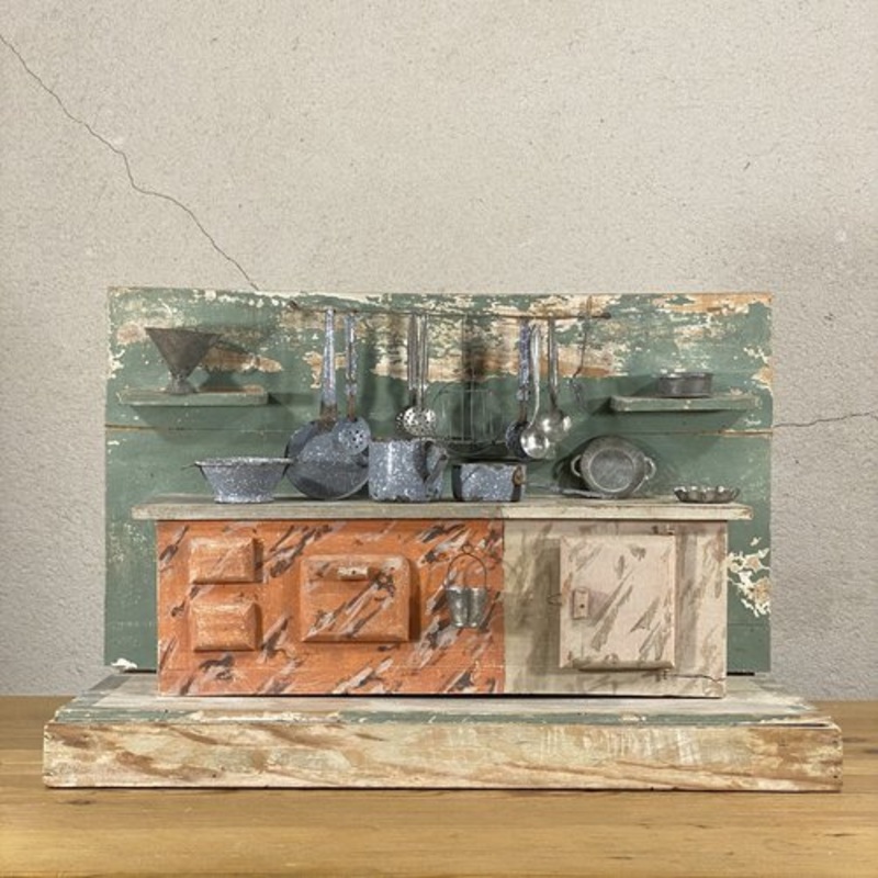 Antique Toy Kitchen in Stuccoed and Polychrome Wood, 19th Century for sale at Pamono