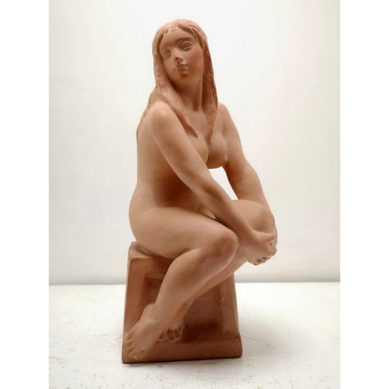 Art Deco Style Terracotta Sitting Nude Sculpture from Kelemen, 1973 for sale at Pamono