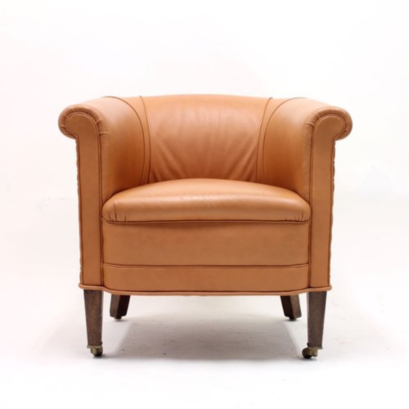 Brown Leather Club Chair on Castors, 1930s for sale at Pamono