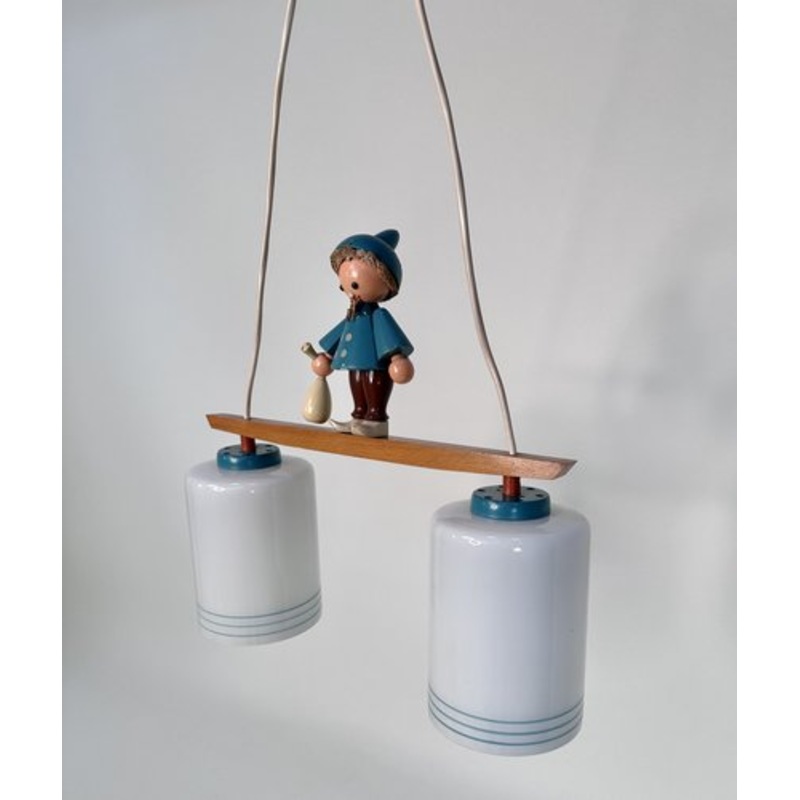 Handcrafted 2-Light Hanging Lamp with Folk Art Sandman Figurine from Erzgebirge, Germany, 1950s for sale at Pamono