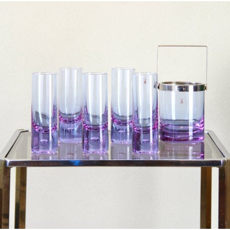 Vintage Space Age Drinking Glasses and Ice Bucket by Kristal, 1970s, Set of 6 for sale at Pamono