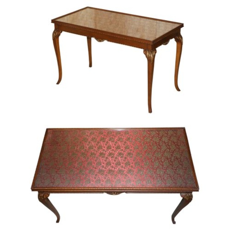 Vintage Writing Desk in Hardwood with Silk Embroidered Glass Top for sale at Pamono