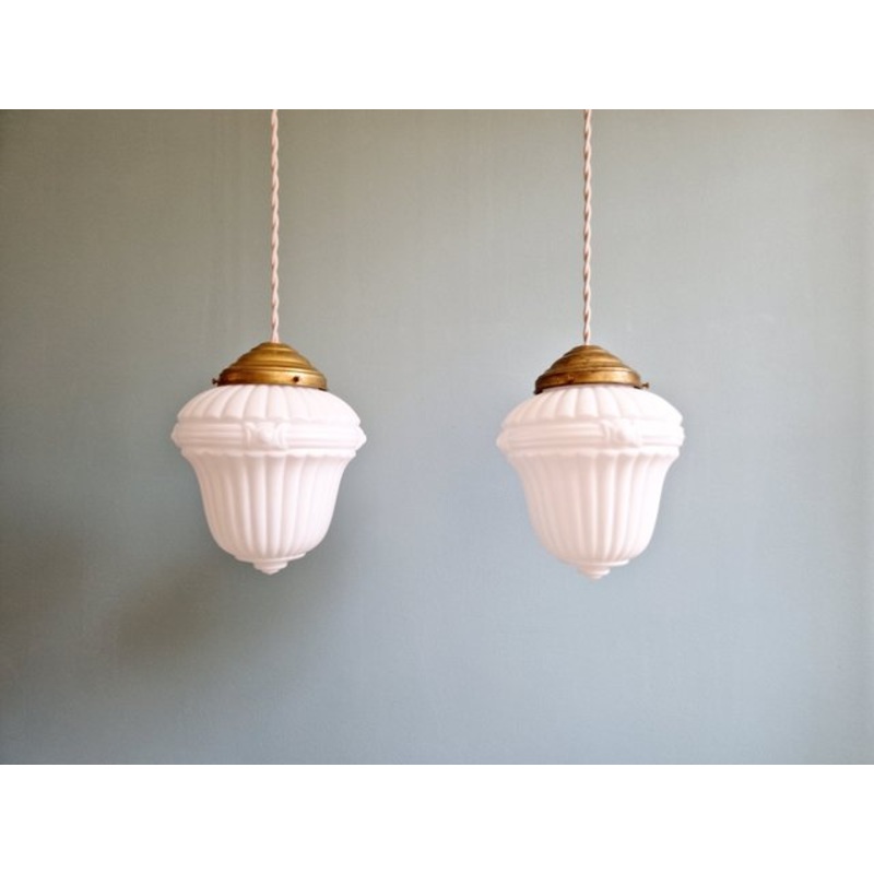 Art Deco Pendant Lights in Pressed Molded White Opaline Glass, 1920s. Set of 2 for sale at Pamono