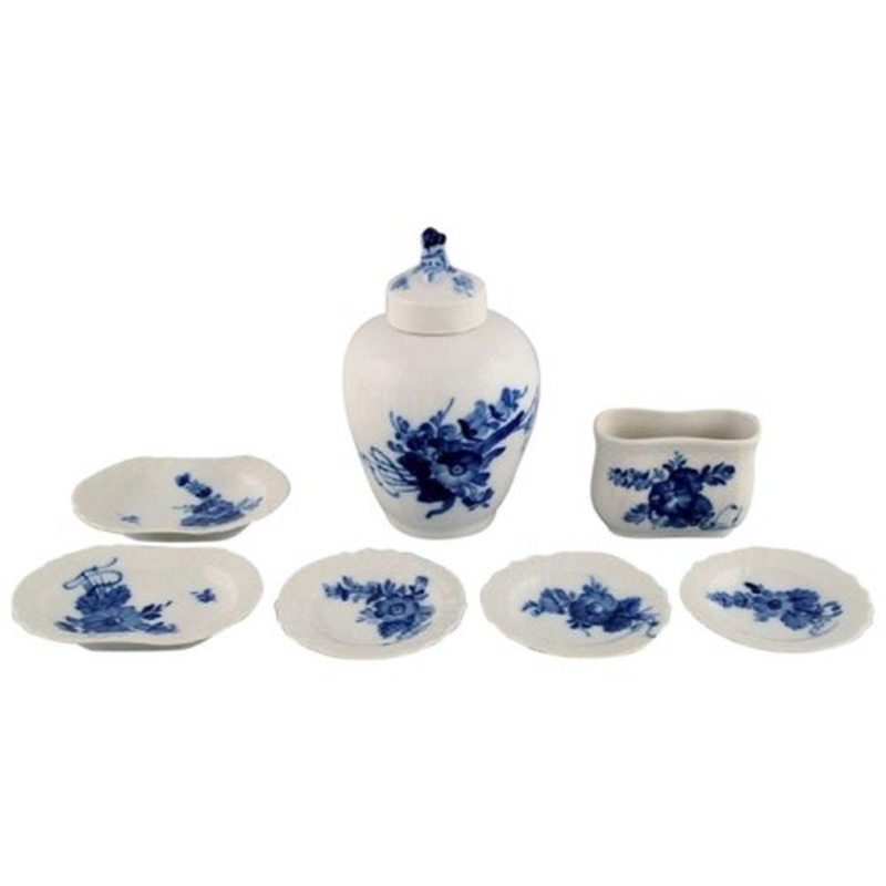 Blue Flower Curved Toothpick Holder, Tea Caddy and Butter Pads from Royal Copenhagen, Set of 7 for sale at Pamono