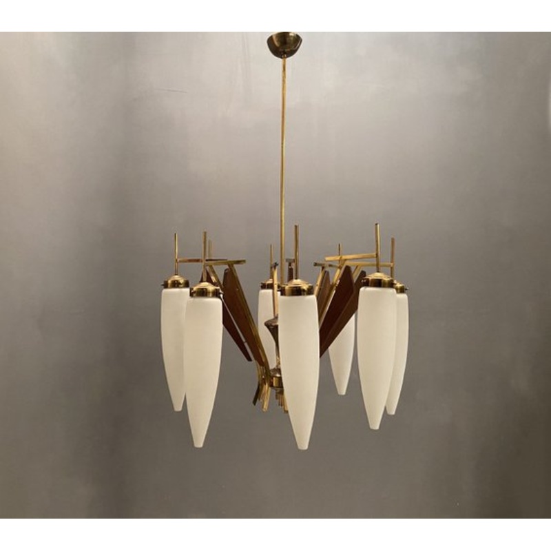 Large Opaline Glass Chandelier from Stilnovo, 1950s for sale at Pamono