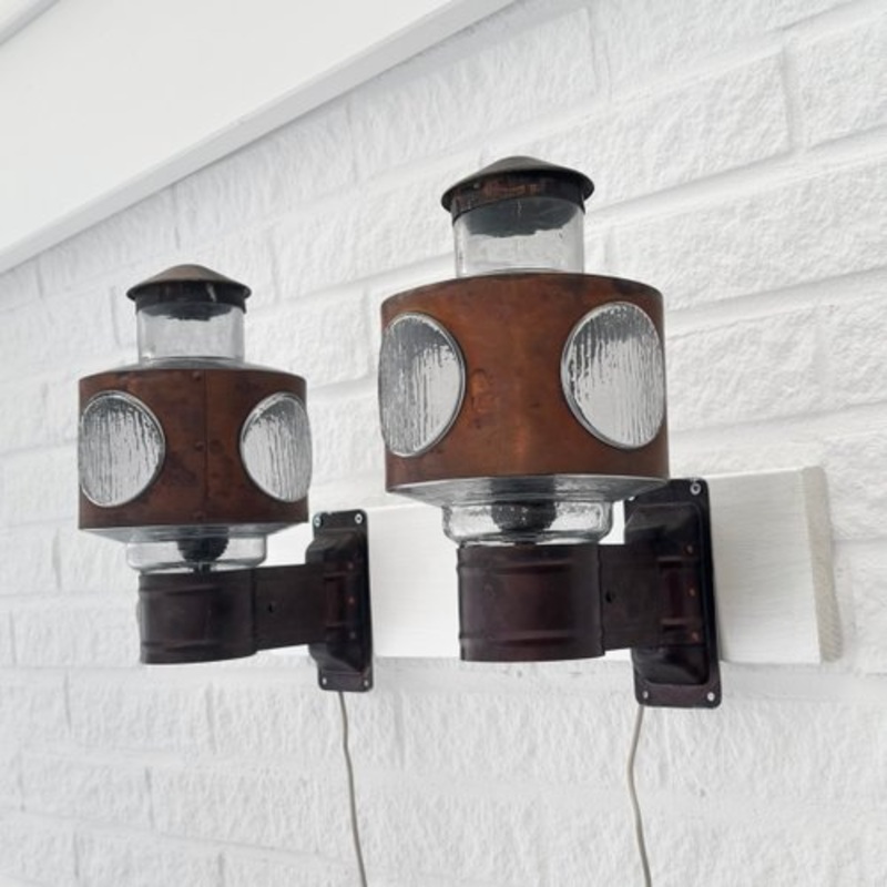 Scandinavian Modern Outdoor Facade Lamps in Copper and Glass, 1960s, Set of 2 for sale at Pamono