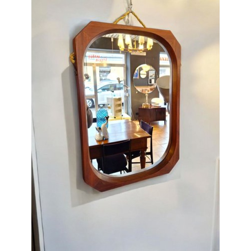 Teak Mirror with Leather Cord, Italy, 1960s for sale at Pamono