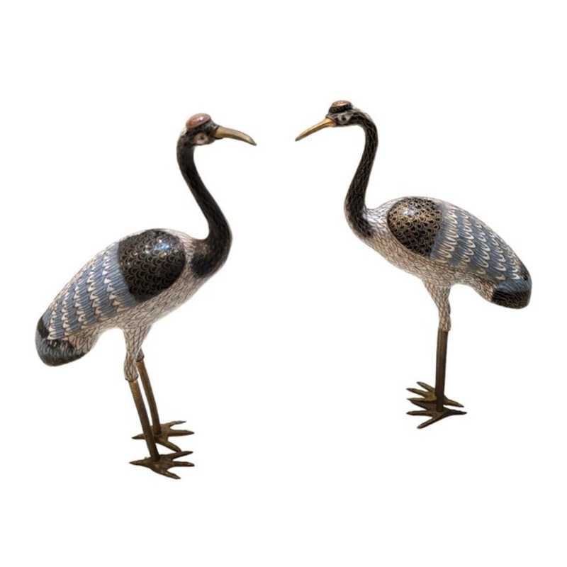 Antique Cloisonne Enamel and Gilt Bronce Heron Sculptures, Set of 2 for sale at Pamono
