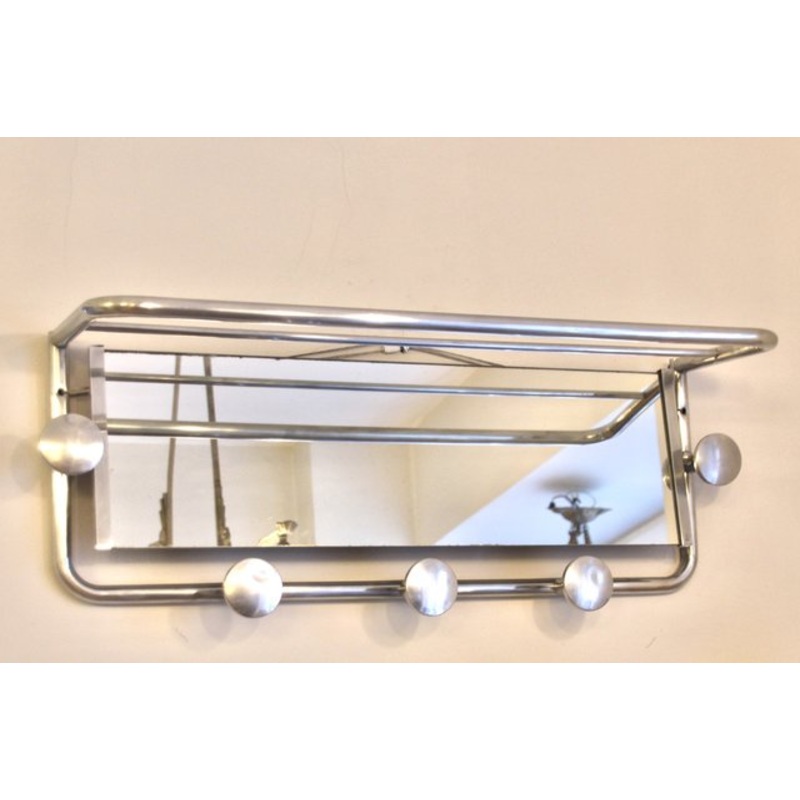Art Deco French Aluminum Coat Rack with Mirror, 1940s for sale at Pamono