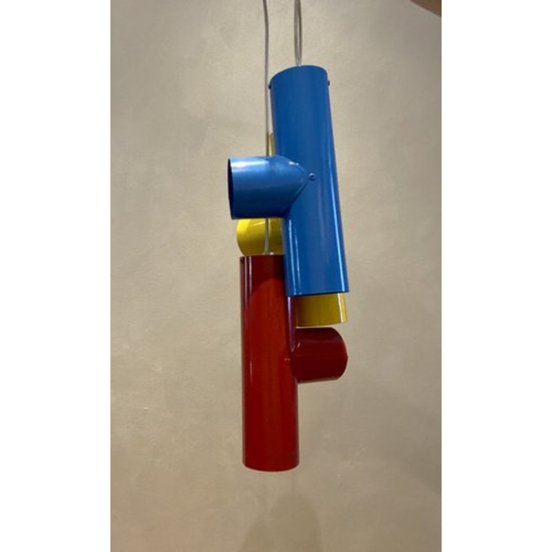 Industrial Pop Art Suspension Light with 3 Colored Sheets in Sheet Metal, Italy, 1970s for sale at Pamono